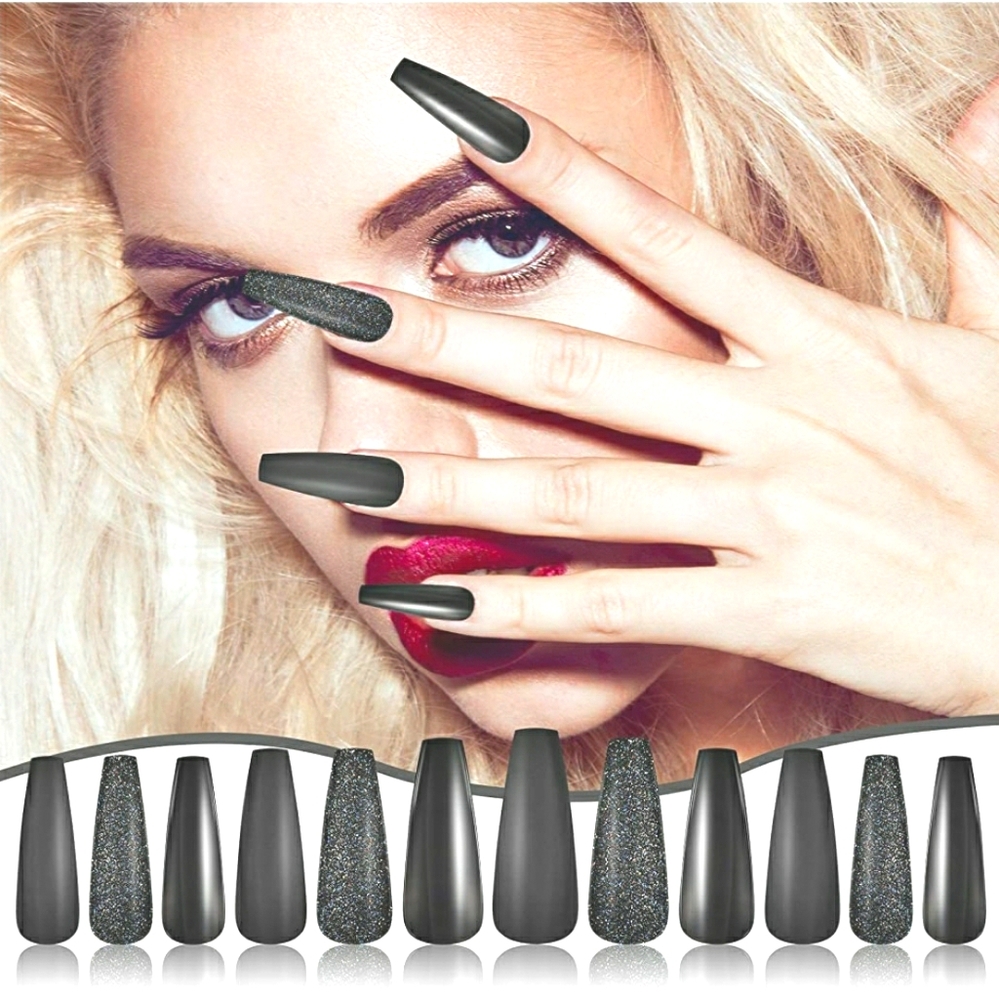 SILVER ACCENTED BLACK COFFIN PRESS ON GLUE ON NAI…